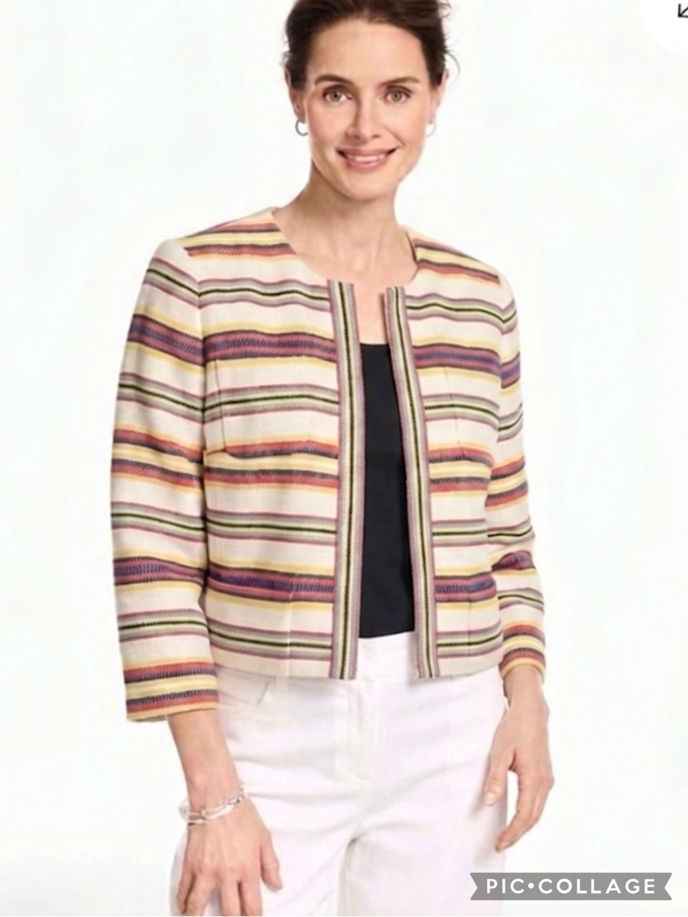 Talbots Rainbow Striped Tweed Cream Multicolor Collarless Jacket 8 Quiet Luxury